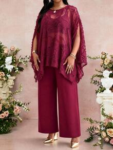 SHEIN Lady CURVE Plus Size Women's Round Neck Top And Pants Casual Daily 2 Pieces Set - Burgundy - View 4