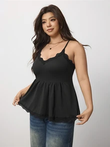 Enliva Plus Size Women's Elastic Lace-Trimmed Black Camisole Apple,Rounded Body - Black - View 4