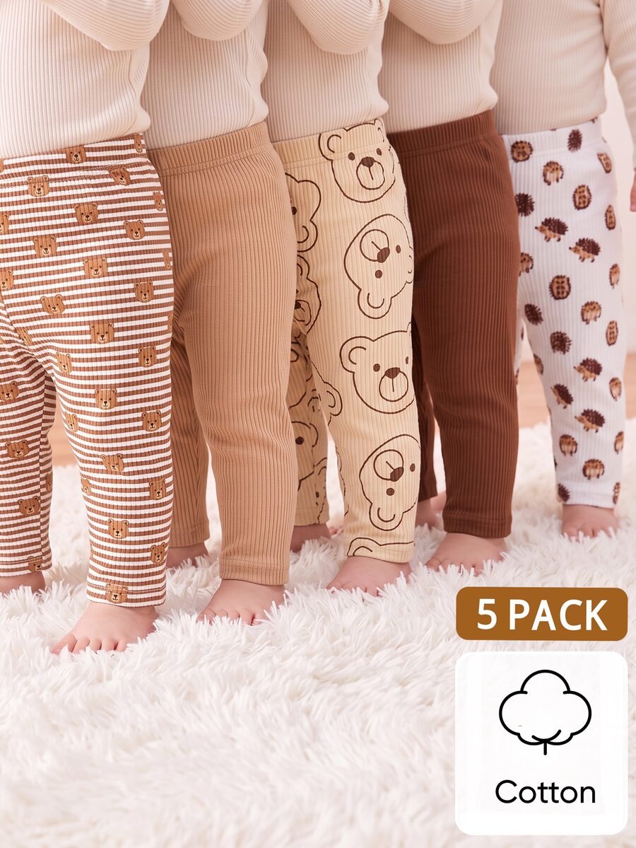 SHEIN 5 Pack Newborn Baby Girl Leggings Ribbed Pants Cute Sweet Brown ...