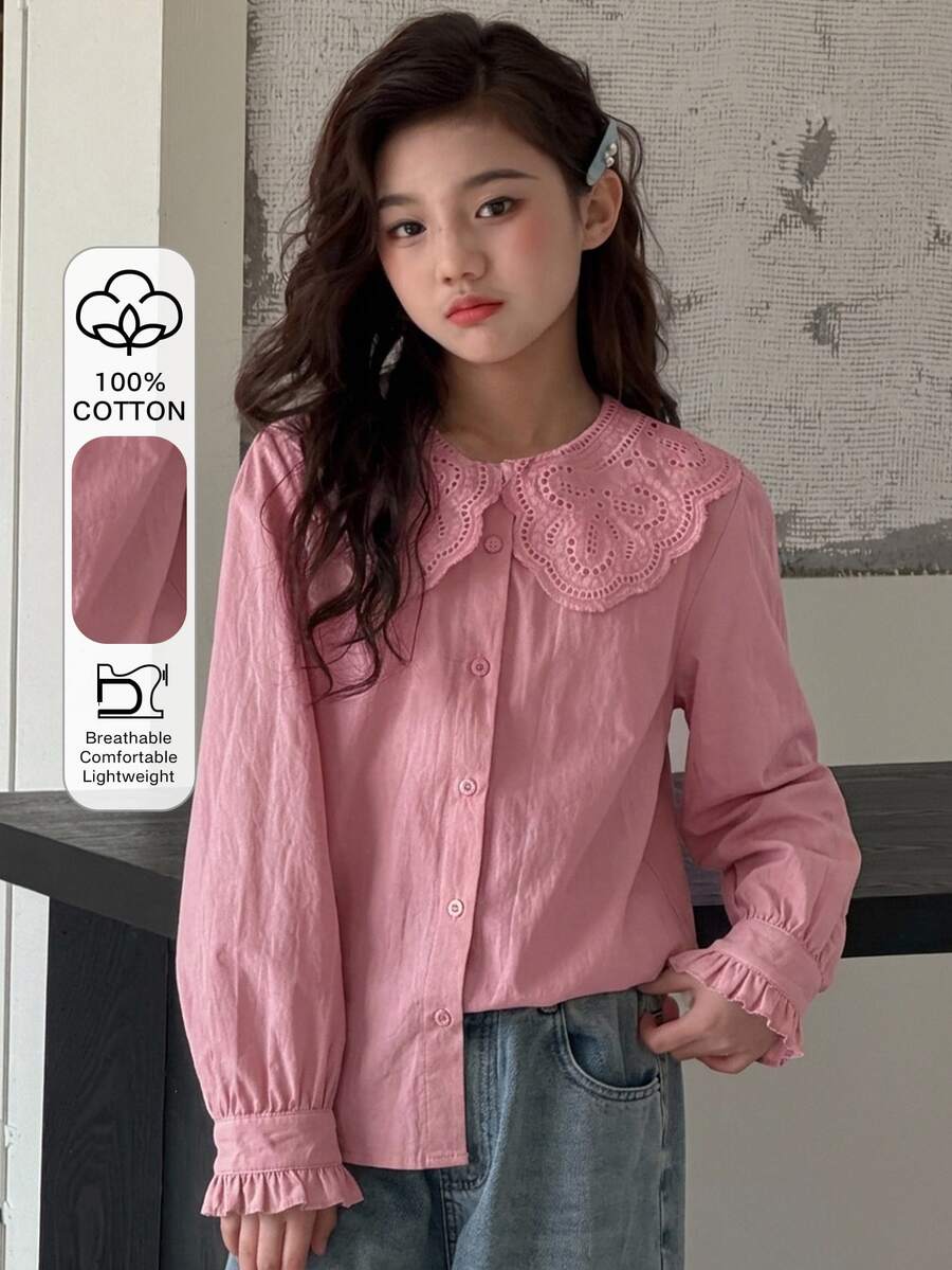 DAZY Tween女孩秋季服飾 蕾絲娃娃臉泡泡袖長袖甜美襯衫 - 粉色 - 查看 1