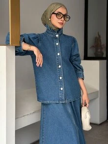DAZY Women's Single-Breasted Petal Sleeve Jacket And Skirt Casual Denim Set - Blue - View 6