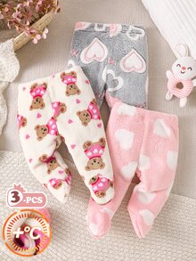 SHEIN 3件組女嬰冬季長褲，奶油色、淺粉色、粉色，柔軟甜美風草莓花蝴蝶結滿版印花，鬆緊腰，寬鬆直筒版型 - 灰色 - 查看 1