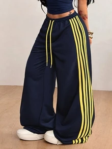 Coolane 女款秋季街頭風休閒外出運動休閒褲 束口紋理裝飾 棕色寬腿運動長褲 適合健身、跑步、運動、針織運動褲 - 藏蓝色 - 查看 3