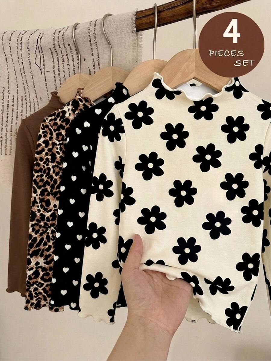 SHEIN 4pcs, Girls Knitted Floral Striped Pattern Printed Ruffle Collar Casual Long Sleeve T-Shirt Tops, Suitable For Autumn/Winter Wear, Back To School - Multicolor - View 1