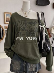 Lalippa Asymmetrical Shoulder Letter Print Pocket Sweatshirt Streetwear - Army Green - View 3