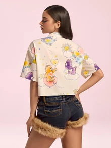 SHEIN X Care Bears قميص نسائي بأزرار مطبوع عليه رسومات كرتونية - لون مشمشي - مشاهدة 2