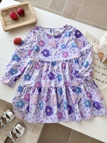 SHEIN Girls Long Sleeve Ditsy Floral Dress Spring Autumn Style 3D Colorful Flower Bow Princess Cake Dress - Purple - View 7