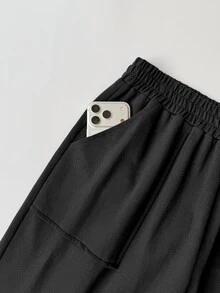Rusticease Plus Size Women Solid Color Elastic Waist Pocket Casual Loose Long Pants - Brown - View 7