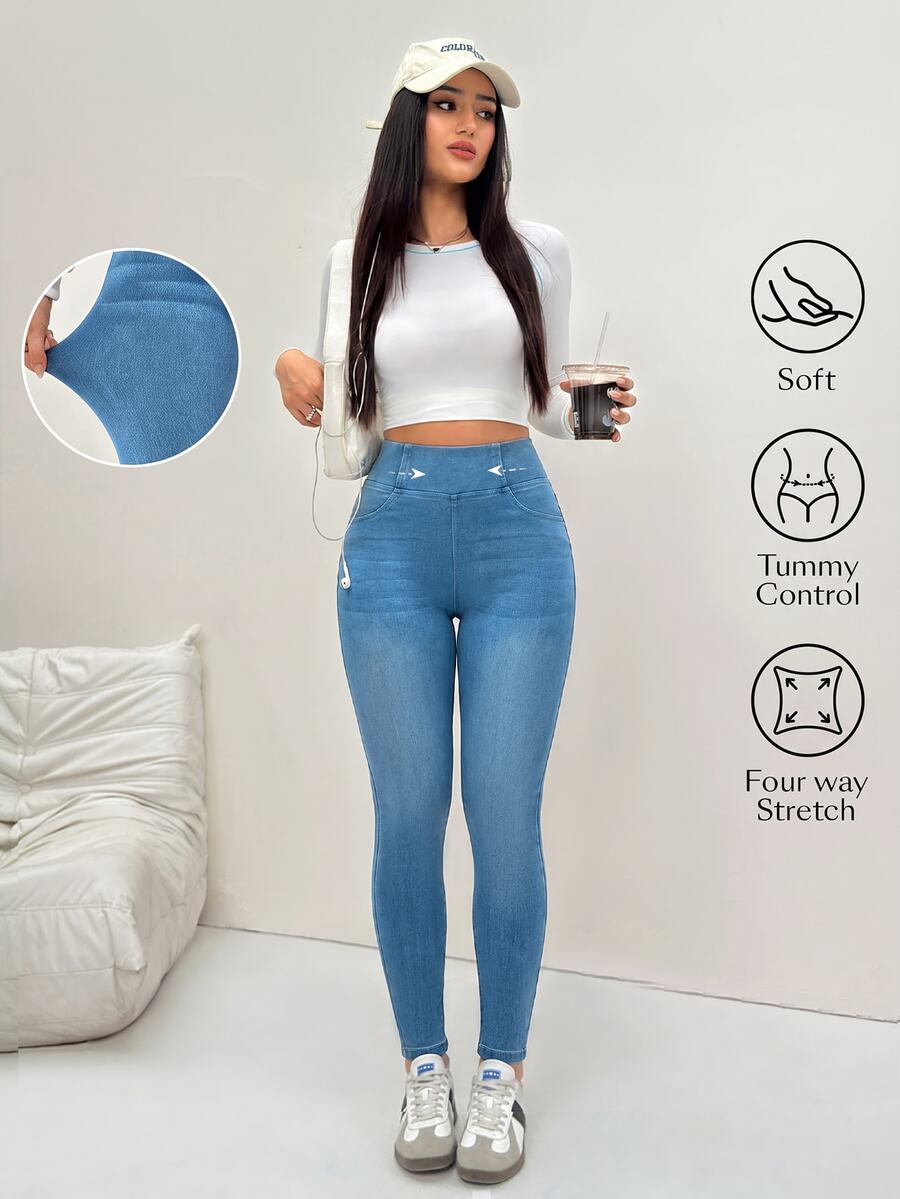 SHEIN Essnce 女款時尚百搭高腰彈性修身牛仔褲 - 藍色 - 查看 1