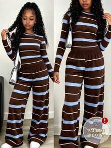 青少年女孩棕色藍白條紋圓領長袖套裝，休閒修身短版上衣與鬆緊腰寬腿褲2件套，韓系甜酷女孩日常穿搭百搭條紋內搭套裝，適合聖誕節與新年 - 彩色 - 查看 1