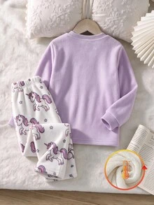 獨角獸長袖長褲毛絨保暖內裡加厚保暖可愛紫色女童居家服套裝 - 彩色 - 查看 2