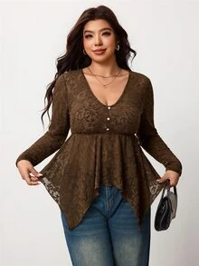 Enliva Plus-Size Women's Retro Lace Brown Top, For Autumn Pear Body,Triangle Body - Brown - View 5