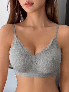 DAZY 蕾絲拼接無縫微聚攏可調節細肩帶內衣女款內衣 - 灰色 - 查看 4