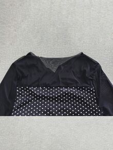 Linhara CURVE Plus Size Women's Patchwork Polka Dot Print Mesh Long Sleeve Fashion Top - Black - View 6