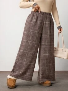 Enliva Plus Size Elastic Waist Plaid Straight Leg Loose Pants Compatible With Apple Body Round Body - Brown - View 3