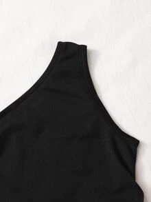 SHEIN 青少年女孩休閒單肩背心上衣 純黑色蕾絲飾邊不對稱下擺 柔軟針織面料 無袖細肩帶外出穿搭上衣 - 黑色 - 查看 7