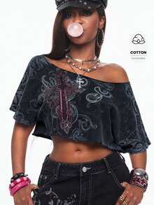 Vadaroq 女款十字印花不對稱肩短袖短版時尚T恤 - 黑色 - 查看 3