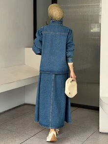 DAZY Women's Single-Breasted Petal Sleeve Jacket And Skirt Casual Denim Set - Blue - View 2