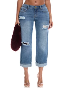 NYA SZN Project NYA WESTBROOK Denim Cropped Mom Jean Ripped Destructed Everyday Luxury Basic Chic Cute Casual Festival Going Out Light Wash Fall Winter - Light Wash - View 3