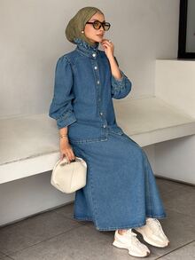 DAZY Women's Single-Breasted Petal Sleeve Jacket And Skirt Casual Denim Set - Blue - View 8