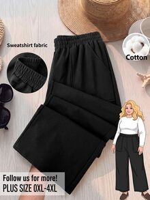 Rusticease Plus Size Women Solid Color Elastic Waist Pocket Casual Loose Long Pants - Brown - View 2