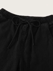 SHEIN EZwear 高腰抽繩腰錐形牛仔褲 - 黑色 - 查看 4