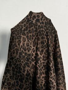 Firerie Plus Size Leopard Print Asymmetrical Collar Long Sleeve Ruched Dress, Elegant Sexy Style For Autumn, Suitable For Weddings, Dates, Parties And Other Occasions - Brown - View 7
