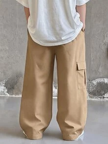 SHEIN Little Byeori 兒童青少年男孩休閒日常舒適平價工裝直筒寬鬆長褲，黑色工裝褲，新年，六七歲，適合外出、約會、上學，春、夏、秋、冬 - 卡其色 - 查看 2