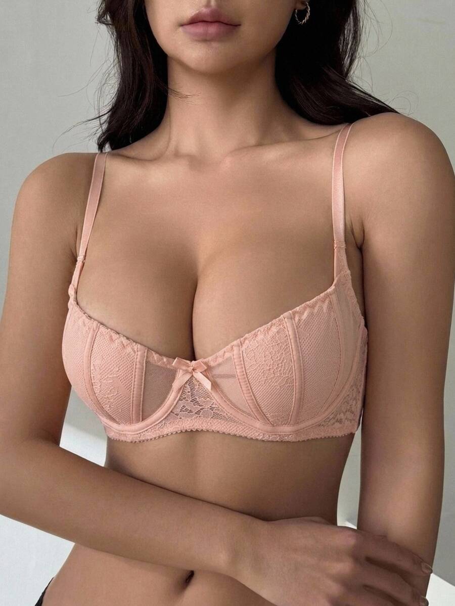 DAZY Mesh & Contrast Lace Lightweight Padded Sexy Lingerie Bra - Watermelon Pink - View 1
