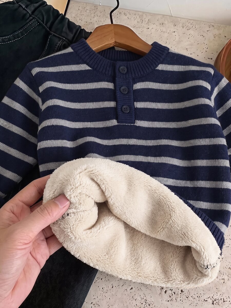 SHEIN Little Byeori 兒童小男孩休閒款柔軟舒適保暖內裡厚針織衫,適合秋冬、學校、家庭聚會 - 藏蓝色 - 查看 1