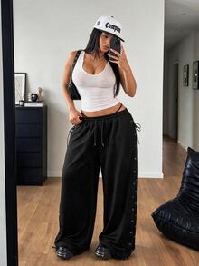 POPSWAY Plus Size Women's Solid Color Lace-Up Design Casual Versatile Long Pants - Black - View 3
