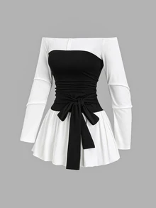 Sweetra Women's Off-Shoulder Bow Decor Fashion Short Dress - Black and White - View 7