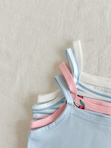 Vintaside Kids 4件組幼兒女嬰連身衣，可愛甜美粉色藍色白色櫻桃印花條紋無袖方領常規款，度假夏季美學復古風 - 彩色 - 查看 5