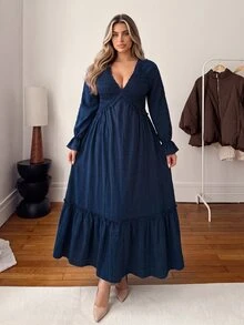 Vionelle Plus Size Women's Casual Woven Textured Solid Color Ruffle Waist Long Dress - Navy Blue - View 5