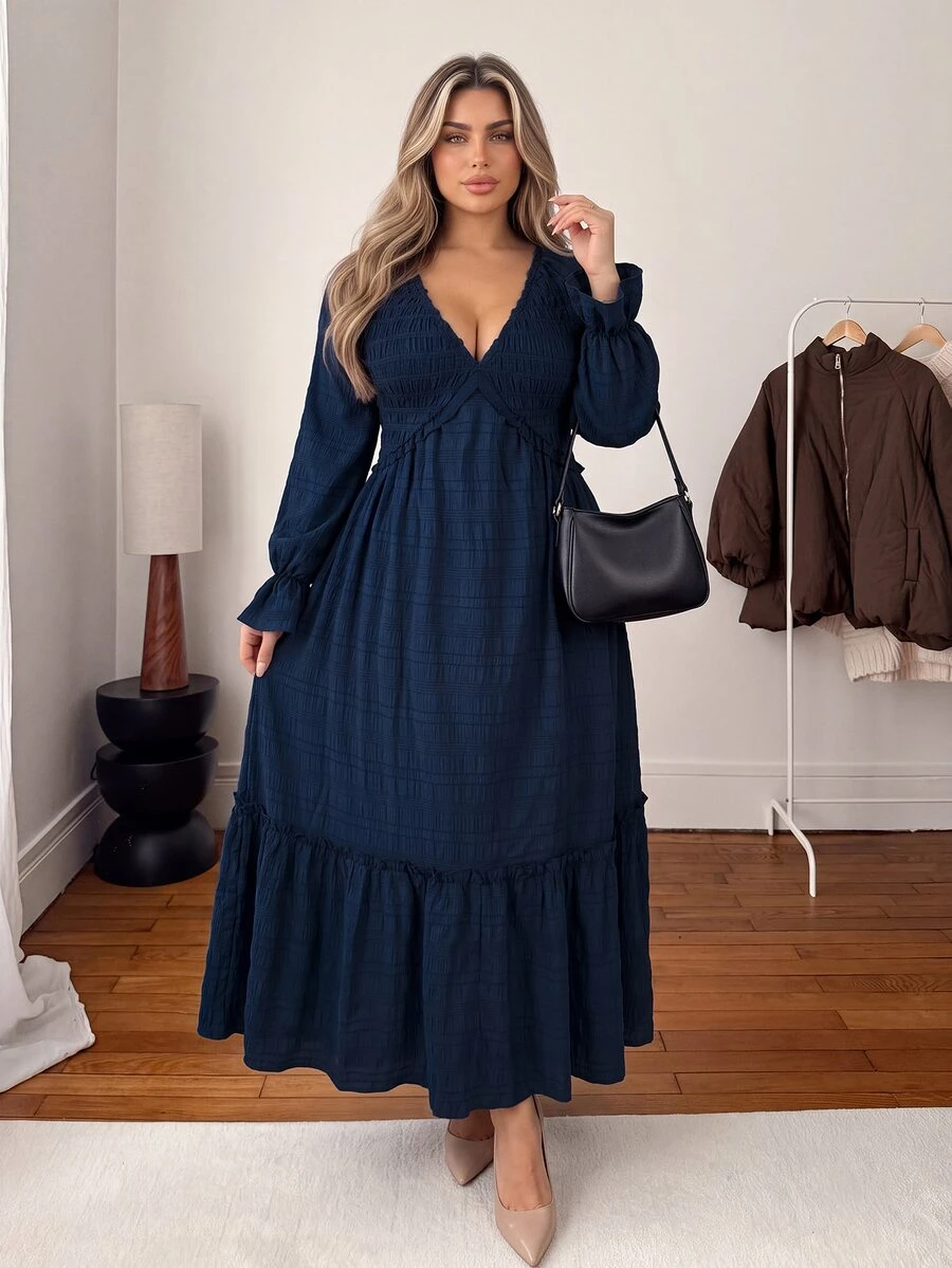 Vionelle Plus Size Women's Casual Woven Textured Solid Color Ruffle Waist Long Dress - Navy Blue - View 1