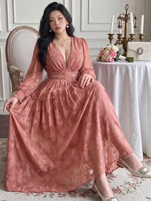 Plus Size French Elegant Jacquard V-Neck Pleated Dress For Party - Dusty Pink - View 5