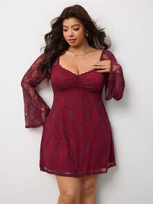 Enliva Plus Size Burgundy Lace Bell Sleeve Mini Dress Compatible With Apple Body - Burgundy - View 6