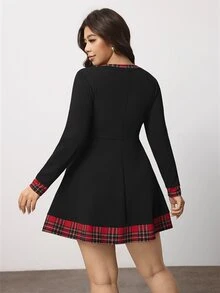 Enliva Plus-Size Women's Plaid Patchwork Tie-Waist Long-Sleeved Dress Apple,Rounded Body - Multicolor - View 2