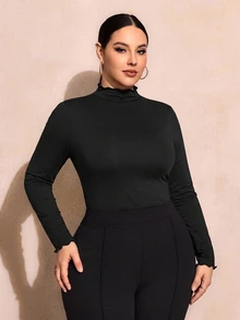 SHEIN SXY 大尺碼純色修身高領長袖百搭棉質T恤，適合秋季、職場、正式場合與晚宴派對，黑色，極簡休閒，優雅知性 - 黑色 - 查看 2