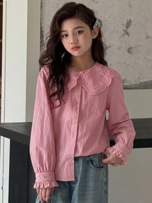DAZY Tween女孩秋季服飾 蕾絲娃娃臉泡泡袖長袖甜美襯衫 - 粉色 - 查看 5