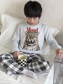 SHEIN 青少年男孩豹紋長袖上衣與格紋長褲居家休閒套裝 - 彩色 - 查看 1