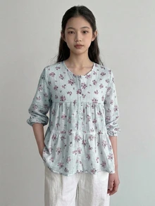 Dazy Kids 圓領可愛花卉長袖秋季甜美女孩風 (大號) 上衣 - 藍色 - 查看 2