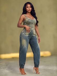 BriallanyX BriallanyX Plus Size Denim Jumpsuit With Large Rhinestone Embellishment - Blue - View 4