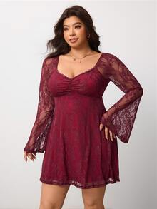 Enliva Plus Size Burgundy Lace Bell Sleeve Mini Dress Compatible With Apple Body - Burgundy - View 4