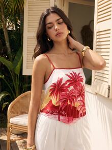 CAJUNI Women's Casual Palm Tree Print Camisole Tank Top For Vacation - Multicolor - View 1