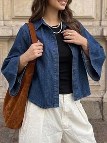 Livesso Dazy Plus Summer Autumn Cotton Collared Flared Sleeve Silhouette Short Loose Dark Blue Denim Top - Dark Wash - View 5