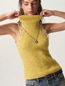 Bohemela Women's Sweet Lace Patchwork High Neck Tank Top - Yellow - View 1