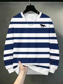 SHEIN 青少年男孩休閒極簡寬鬆圓領長袖舒適衛衣，經典酷感復古條紋圖案印花，精緻馬標印花，適合秋冬返校季 - 彩色 - 查看 1