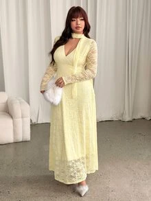 GalTyme فستان دانتيل أنيق حلو ذو أكمام طويلة بمقاس كبير - أصفر فاتح - مشاهدة 6