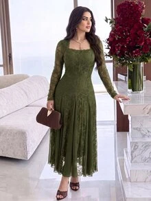 Feyla Women's Square Neck Long Sleeve Elegant Lace Dress - Black - View 5